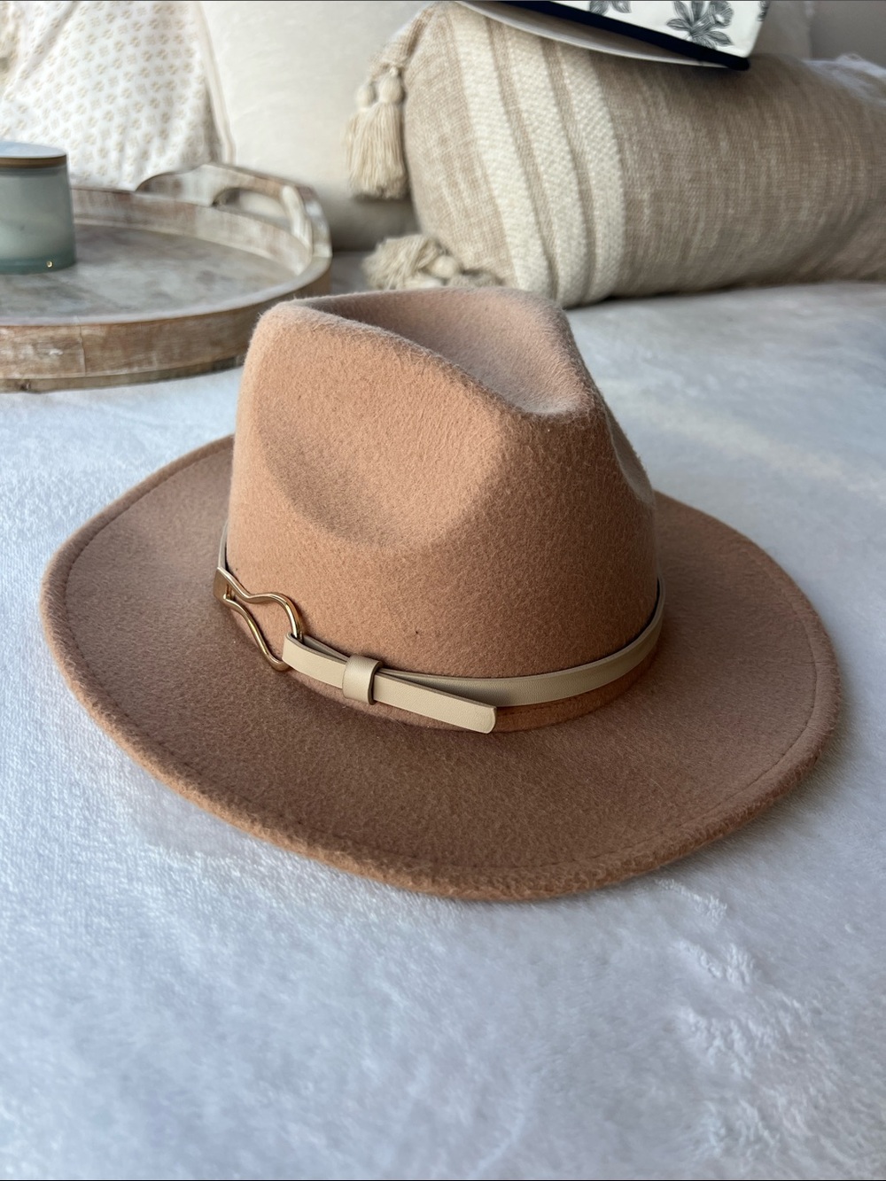 Camel Felt Hat with Beige and gold Band